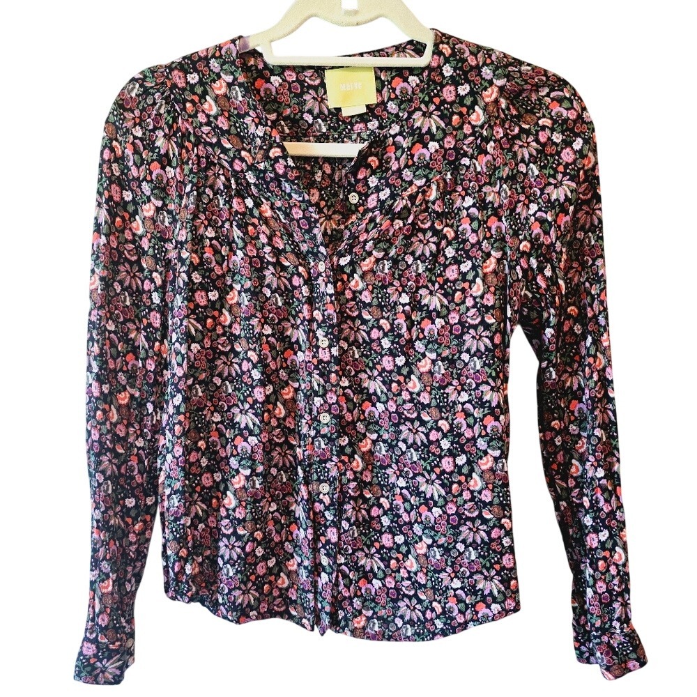 Maeve Anthropologie Floral Button Down Blouse XXS Long Sleeve Rayon Multi Color
